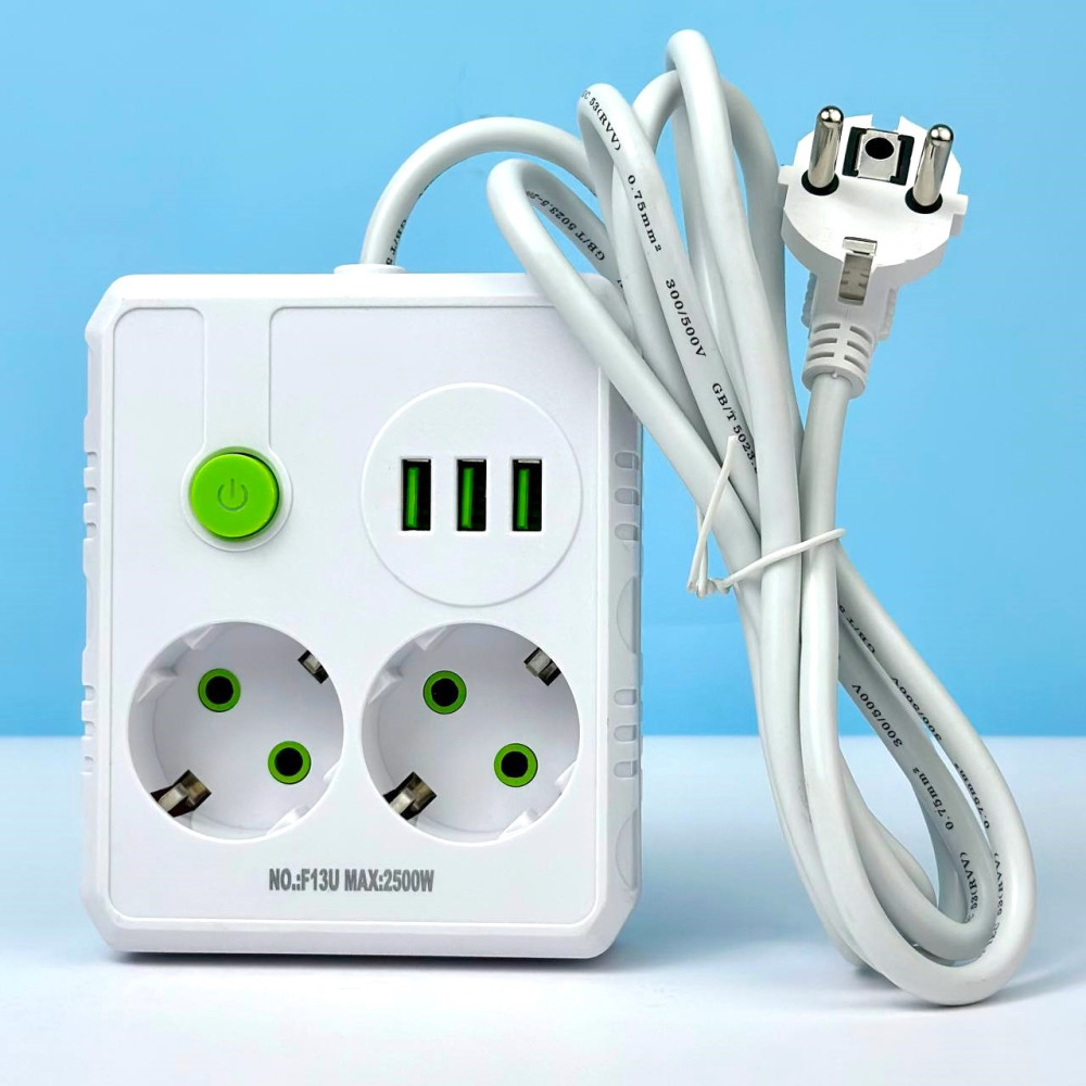 Подовжувач мережевий переноска 4 метри на 2 розетки+ 3USB UA Power F13U Білий 45288