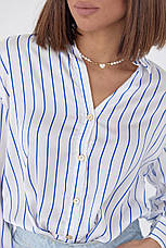 Шовкова блуза на ґудзиках у смужку — синій колір, M (є розміри), фото 2