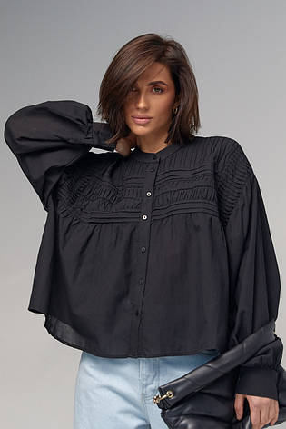 Бавовняна блузка на ґудзиках розширеного фасону — чорний колір, L (є розміри), фото 2