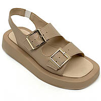 Жіночі шкіряні босоніжки бежевого кольору на плоскій підошві TEONA 312 шкіра капучино розмір 36