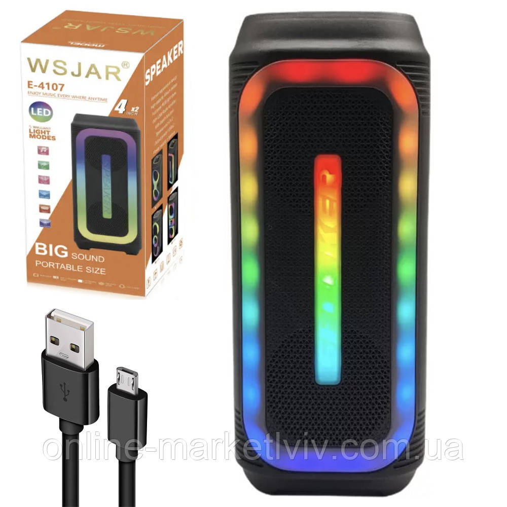 Портативна Bluetooth колонка c RGB підсвічуванням E4107 BT / Акустична музична колонка / Блютуз колонка