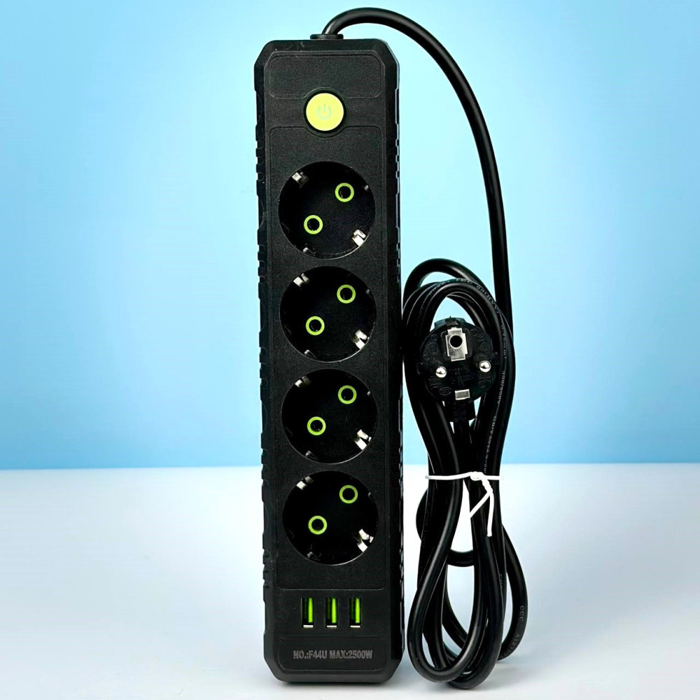 Подовжувач мережевий переноска 4 метри на 4 розетки + 3USB UA Power F44U Чорний 45285