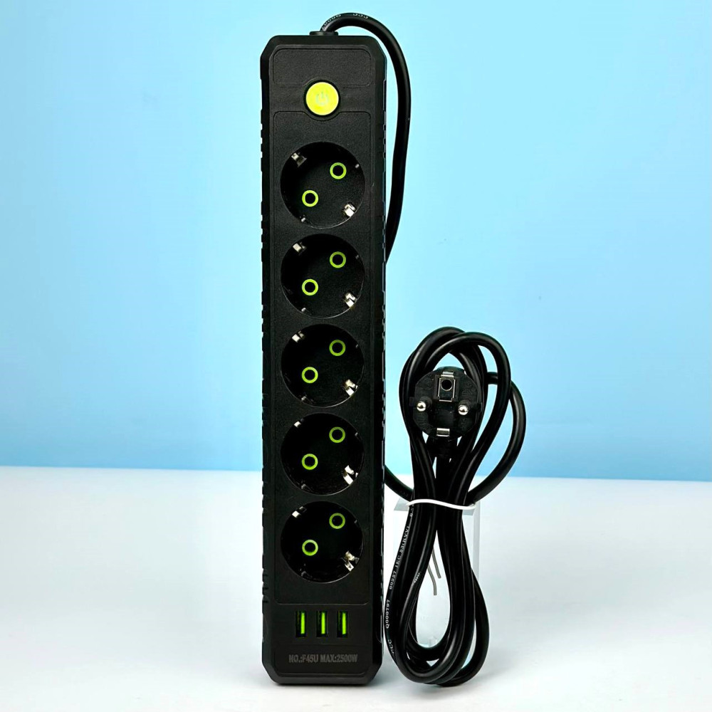 Подовжувач мережевий переноска 4 метри на 5 розеток + 3USB UA Power F45U Чорний 45287, фото 1