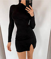 Женское черное мини платье с разрезом (40-42 и 42-44 размеры)