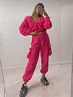 Меховой женский прогулочный костюм тедди (худи + штаны) (бежевый, малиновый, шоколад) 42-44, 46-48 размеры