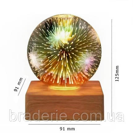 3D нічник MYT-10257-1 Куля скляна, феєрверк, ЗУ USB, фото 2