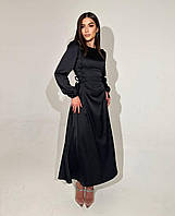 Святкове шовкове довге жіноче плаття зі шнурівкою з боків (чорне, пудра, темний беж) 42-44, 46-48