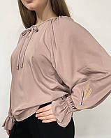 Блуза свободного кроя с вышивкой колосок бежевая 100% хлопок Украина размер 50