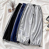 Спортивные женские штаны с лампасами на флисе (черные, серые, темно-синие) в размерах 42-44 и 46-48