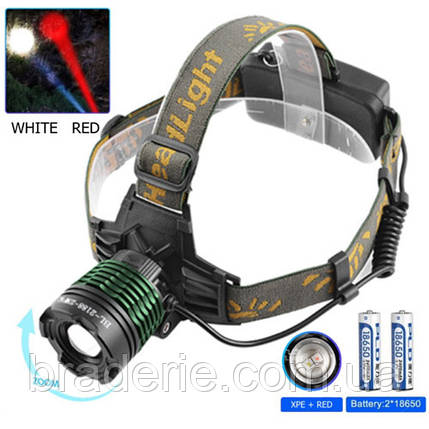 Ліхтар налобний Police 2188-2XPE (white+red), 2х18650, signal light, zoom, ЗУ mircoUSB, Box, фото 1