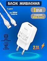 Сетевое зарядное устройство 2USB Hoco 220V Блок питания + кабель Type-C White TDN