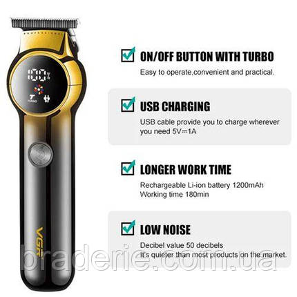 Машинка (тример) для стриження волосся VGR V-989 BLACK, Professional, 3 насадки, LED Display, фото 2