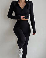 Базовий жіночий костюм легінси + укорочений топ із довгим рукавом рубчик (чорний, бежевий)