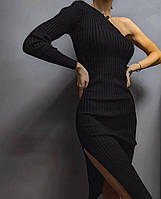 Ассиметричное женское платье с одним рукавом на одно плечо рубчик (черное, бежевое)