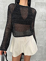 Женский свитер сетка, вязаный джемпер, стильная женская кофта Черный