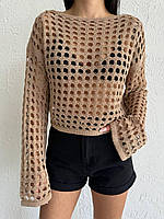 Женский свитер сетка, вязаный джемпер, стильная женская кофта Коричневый