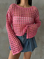 Женский свитер сетка, вязаный джемпер, стильная женская кофта Розовый