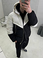 Модна чоловіча курточка європейка на пуху чорно білого кольору, тепла демісезонна куртка з капюшоном