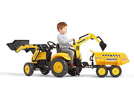 Дитячий трактор на педалях з причепом, переднім та заднім ковшами Falk 2086W Komatsu (колір - жовтий)
