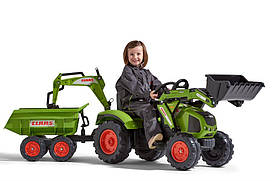 Дитячий трактор на педалях з причепом, переднім та заднім ковшами Falk 1010W CLAAS AXOS (колір - зелений)