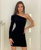Приталенное женское велюровое платье мини с одним рукавом (черное)