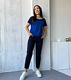 Жіночий літній костюм з брюками синій трикотажний костюм жіночий прогулянковий красивий костюм великого розміру, фото 7