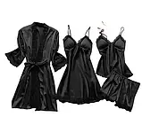 Жіночий атласний комплект халат з пеньюаром у наборі піжама із шортами у чорному кольорі, фото 3