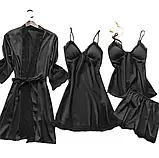 Жіночий атласний комплект халат з пеньюаром у наборі піжама із шортами у чорному кольорі, фото 4