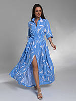 Голубое длинное платье с принтом и разрезом, размер S