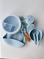 Большой набор детской посуды от 4х месяцев до 5 лет с крышкой Голубой