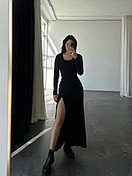 Женское платье с завязками и разрезом на бедре (черное, мокко, светлый беж)