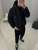 Весенняя теплая черная мужская куртка на пуху, молодежная удобная курточка с капюшоном на молнии деми