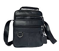 Кожаная мужская сумка через плечо 19*24*9 1 отдел 4 кармана черная