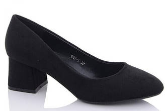 Жіночі класичні туфлі широкий стійкий середній каблук еко-замша чорні