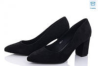 Женские классические туфли широкий устойчивый средний каблук эко-замша черные