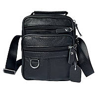 Кожаная мужская сумка через плечо 16*20*9 1 отдел 4 кармана черная оптом