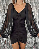 Праздничное черное женское короткое платье с объемными рукавами (42-46 размер)