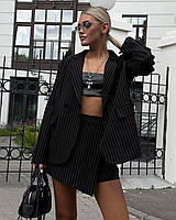 Черный женский деловой костюм двойка пиджак удлиненный + юбка-шорты (42-44, 44-46 размеры)