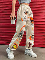 Оверсайз женские спортивные штаны с рисунком (бежевые, меланж) 42-46 оверсайз