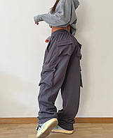 Женские тканевые штаны карго с карманами и затяжками (черные, молочные, графит, розовые) 42-46, 48-52 размеры