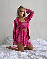 Женская пижама в горошек тройка топ + шорты + рубашка (малиновая, бежевая) 42-44, 46-48 размеры