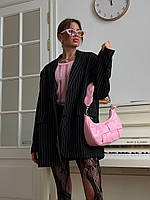 Подовжений оверсайз чорний жіночий піджак у смужку (42-44, 46-48 розміри)