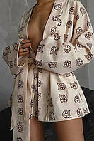 Женская пижама-костюм с шортами и рубашкой кимоно на запах с поясом белая бежевая черная Бежевый