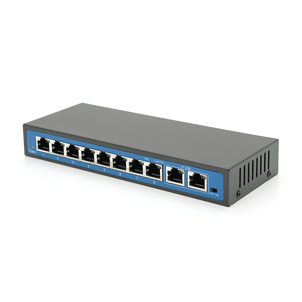 Комутатор POE 48V з 8 портами POE 100Мбіт + 2 порт Ethernet (UP-Link) 100Мбіт, корпус - метал, Black, БП
