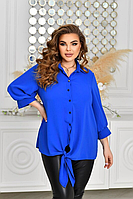 Блузка женская ярко синяя свободного покроя с завязкой внизу большого размера 48-66. 106811