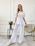 Костюм брючный женский летний тонкий легкий классический деловой блузка-туника с поясом и брюки жатка арт 1534