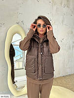 Костюм тройка женский повседневный прогулочный стильный с теплой жилеткой стеганой короткой на весну арт 1118 46/48