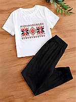 Женский летний спортивный костюм футболка с рисунком и штаны на резинке размеры 42-50