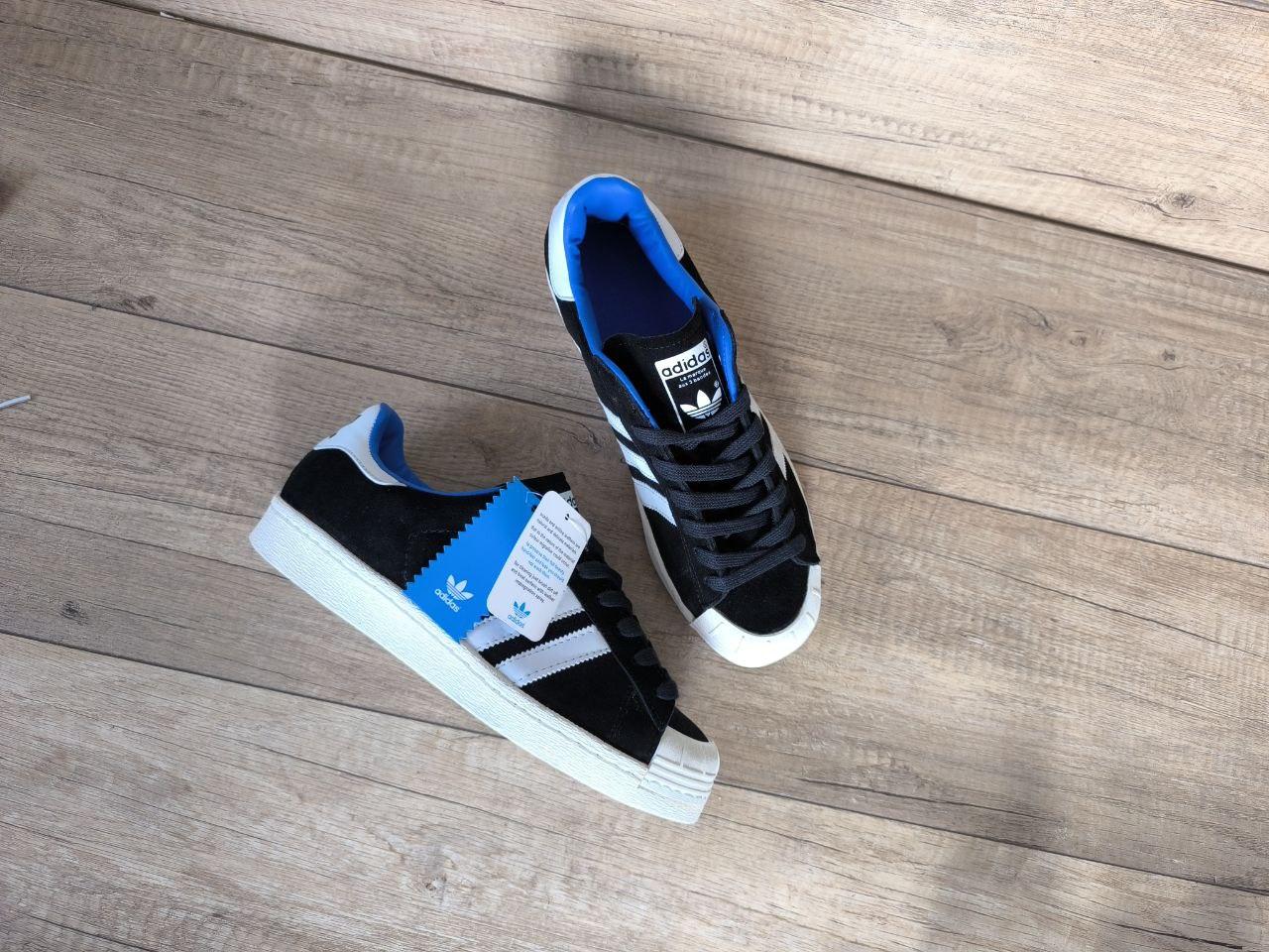 Кроссовки ADIDAS SuperStar BLACK/ WHITE/ BLUE ЧЕРНЫЕ с белым ЗАМША адидас