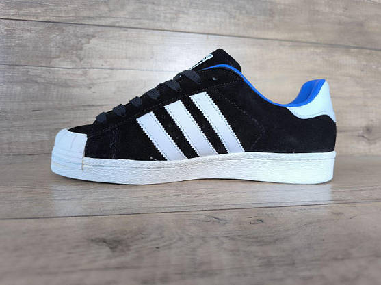 Кроссовки ADIDAS SuperStar BLACK/ WHITE/ BLUE ЧЕРНЫЕ с белым ЗАМША адидас, фото 4